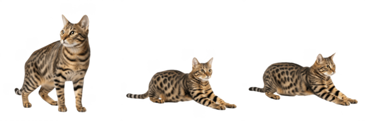 Set of beautiful Bengal kittens with tabby pattern isolated on white background