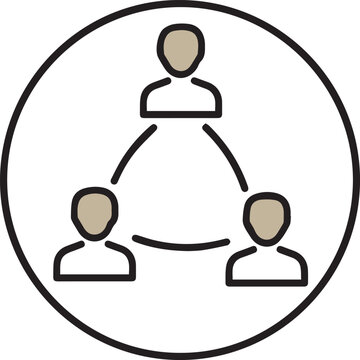 A minimalist circular icon containing three stylized human figures connected by thin curved lines in a triangular formation, representing social networking and team collaboration.