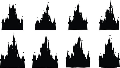 Fototapeta premium Fantasy castle silhouette set with towers and flags, fairytale medieval palace skyline, black vector illustration isolated on white background