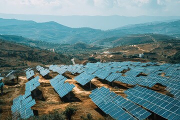 Aerial View of Solar Panel Array on Hillside in Sunny Rural Landscape with Distant Mountains Under Clear Sky Renewable Energy Initiative
