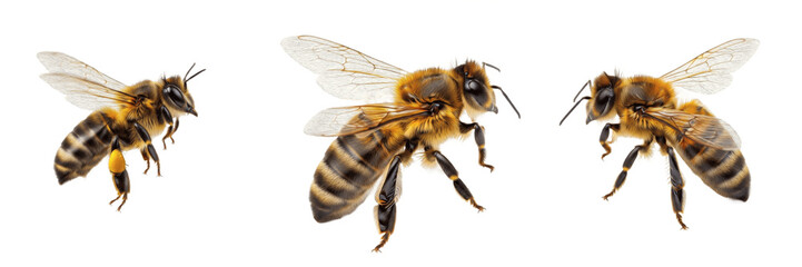 Honey bee set isolated on white background, group of three flying bees from different angles,...