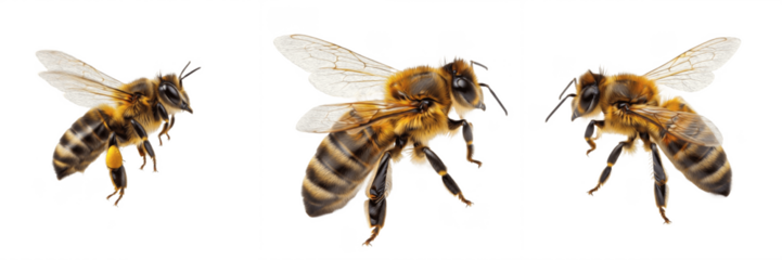 Honey bee set isolated on white background, group of three flying bees from different angles, honeybee collection macro photography.