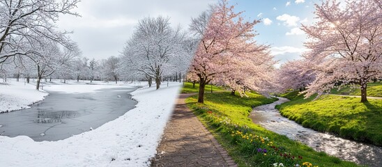 Seasons and weather change in park with trees from winter to spring