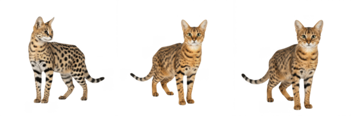 Collection of Savannah cats and Serval wild cat isolated on white background, exotic spotted feline breed set