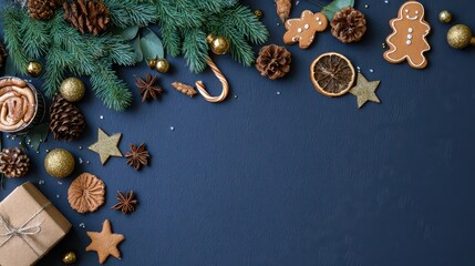 Christmas Decor Arranged with Coniferous Branches Gold Baubles and Brown Gingerbread Cookies on Dark Blue Background Holiday Season