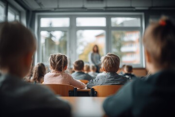 Fototapeta premium Elementary School Classroom Scene: Students Listening to Teacher During Lesson with Natural Light