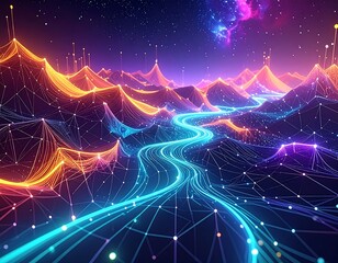 Neon landscape with data stream and starfield in the vast expanse