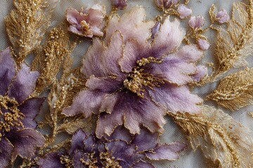 Detailed Floral Embroidery Featuring Purple Blossoms and Golden Foliage on Textured Background with Intricate Stitching and Shimmering Threads Creates a Luxurious Textile Art
