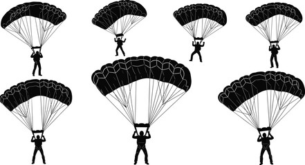 Parachuting silhouettes set, skydiver landing poses, military airborne sport adventure isolated black vector illustration collection people canopy descent training action © Its me...