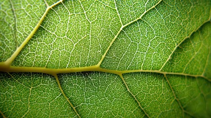 Detailed Macro Shot of a Vibrant Green Leaf with Visible Veins and Intricate Cellular Structure Highlighting Natural Textures and Light Translucence in Soft Lighting