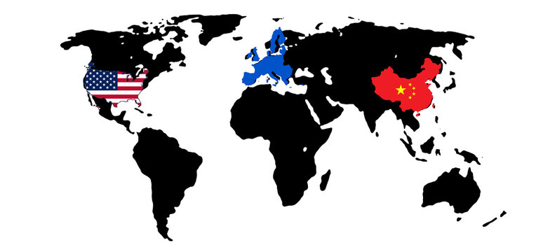 world map with flag colors map shapes of USA of Europe and China, simplified smooth rounded-corners, isolated