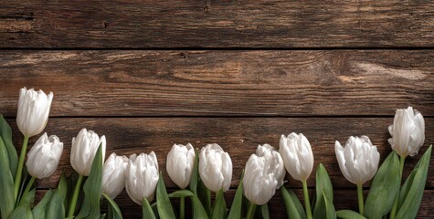 Elegant White Tulips on Rustic Wood Background in Horizontal Arrangement for Easter Holiday Concept with Soft Lighting and Copy Space