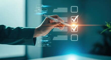 Digital Checklist Completion: Hand with Stylus Marking Boxes in a Virtual Interface for Task Management