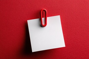 Macro Shot of a Blank White Sticky Note Held by Red Paperclip on Textured Scarlet Background Detailed Close Up for Office Supplies Mockup