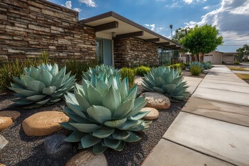 Modern Desert Landscaping with Blue Agave Plants and Stone Mulch Under Blue Sky in Residential Area on Sunny Day