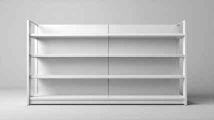 Empty White Retail Shelving Unit Display: Modern Supermarket Fixture for Product Presentation and Merchandising