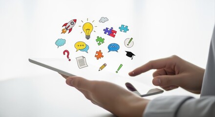 Digital Creativity: Hand Holding Tablet with Creative Icons for Ideas, Innovation, and Problem-Solving