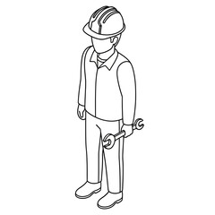 Obraz premium Minimal black and white isometric construction worker illustration in flat vector style, abstract professional figure wearing safety helmet isolated on a clean white background.