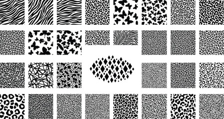 Abstract animal print pattern collection, black and white seamless vector textures with zebra leopard butterfly shapes for fashion background design © MstShefaly