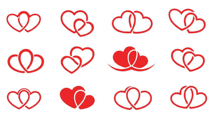 Red Interlocking Heart Icons Set Romantic Love Symbol Collection for Valentine, Wedding