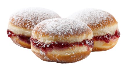Fresh jelly filled donuts isolated on white background with powdered sugar topping, soft texture, sweet bakery dessert for food advertising