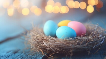 Nest with colorful eggs during a spring celebration near soft lights