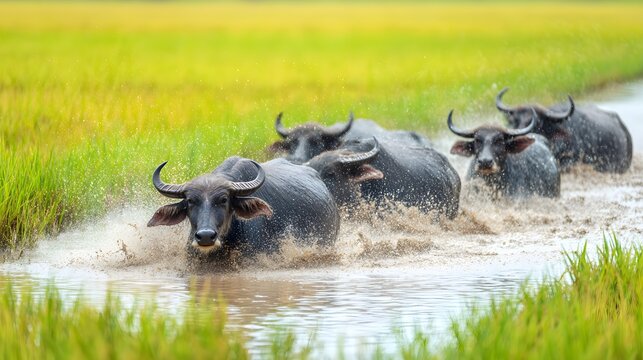 Water buffalo herd enthusiastically wallowing and splashing in muddy water surrounded by lush green fields