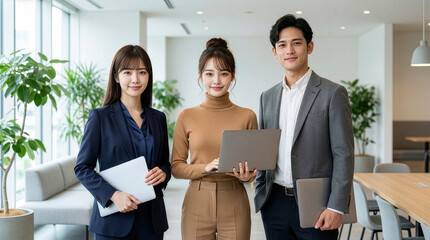 ノートパソコンを抱える若い男女の会社員