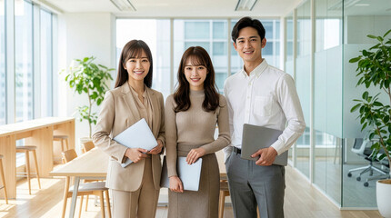 ノートパソコンを抱える若い男女の会社員