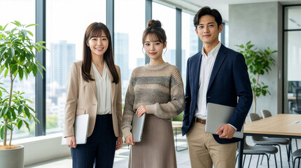 ノートパソコンを抱える若い男女の会社員