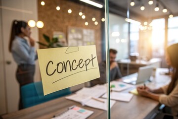Collaborative brainstorming session in a modern office with a focus on a 'Concept' sticky note