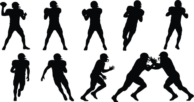 Black American football player silhouettes set featuring athletes throwing running tackling and catching in various professional sports poses on white background.