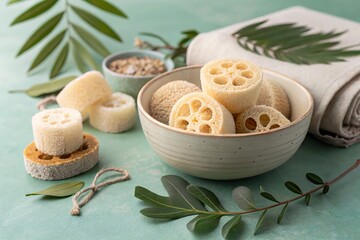Natural loofahs arranged in a bowl with green leaves and a textured towel in a serene setting