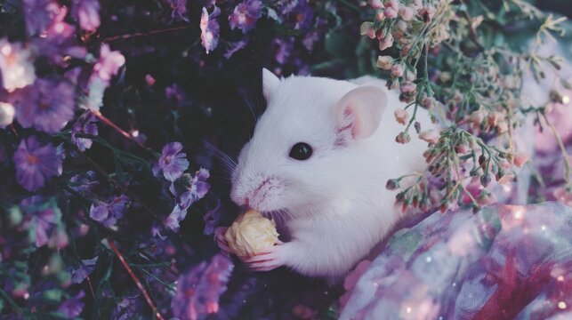 A delicate white field mouse with tiny paws holding a seed while eating amidst purple flowers