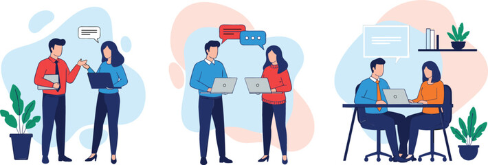 Business people set working on laptops discussing ideas and collaborating in different office scenarios for corporate teamwork concept vector