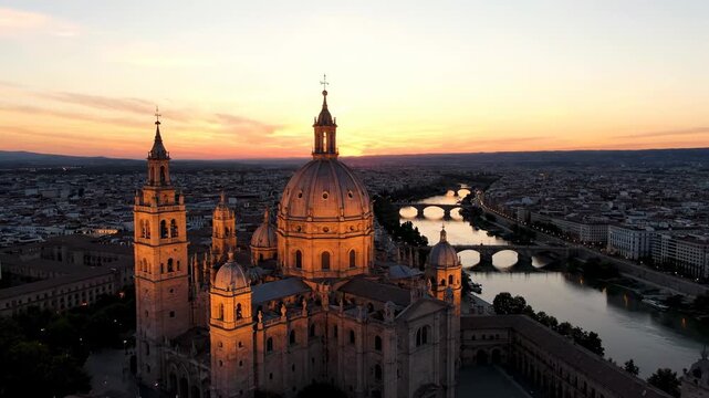 Stunning Aerial Sunset View of the Basilica del Pilar Over Ebro River Zaragoza Spain