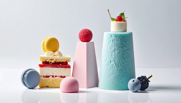 A collection of modern cakes and desserts artistically arranged on a white background, featuring bright colors and unique presentation.&nbsp;Includes macarons, layered cakes, and fruite