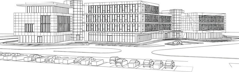 Modern corporate office building architectural line art drawing with glass facade and parking lot for commercial real estate development © NURUL