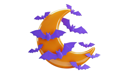Orange Crescent Moon with Purple Bats