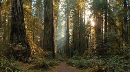 Fototapeta premium Sunlight streams through tall ancient redwood trees illuminating a forest floor carpeted with fallen leaves and ferns on a tranquil trail