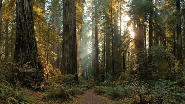 Sunlight streams through tall ancient redwood trees illuminating a forest floor carpeted with fallen leaves and ferns on a tranquil trail - Powered by Adobe