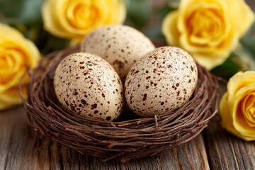 Obraz premium Warm still life of three speckled eggs resting in a twig nest beside blooming yellow roses on aged wood, perfect for spring, fertility, and Easter celebration designs.