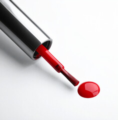 Vibrant red nail polish and brush on white background