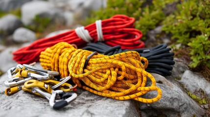 Preparation Scene for Rock Climbing with Neatly Arranged Climbing Gear and Ropes