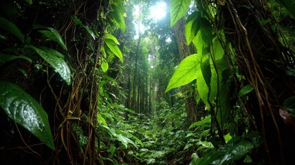 Lush jungle path bathed in dappled sunlight, inviting exploration into a dense, vibrant natural environment