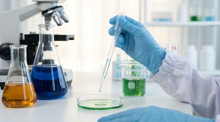 Scientist in protective gloves carefully uses a pipette to transfer a drop of clear liquid into a petri dish containing green solution beside glassware and microscope science laboratory