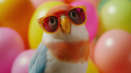 A small, multicolored bird wearing dark glasses, against a background of colorful balloons.