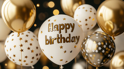 Several festive gold and white balloons, with stars and the words Happy birthday