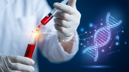 Scientist in protective gloves uses a syringe to add blood sample to a test tube near a glowing blue representation of the double helix DNA structure science laboratory research genetics