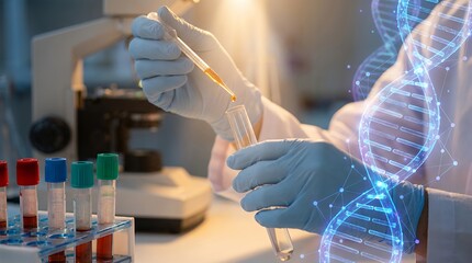Close up of scientist wearing gloves adding liquid from a dropper into a test tube near blood samples rack and glowing DNA helix structure science laboratory research genetics medical